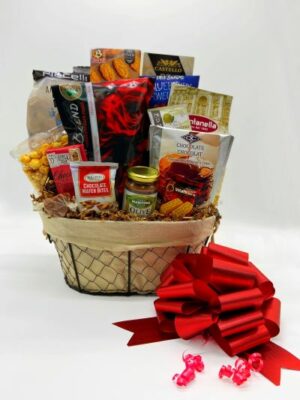 Valentines basket large with coffee, tea and sweet or savoury snacks in a wire basket with a red bow.