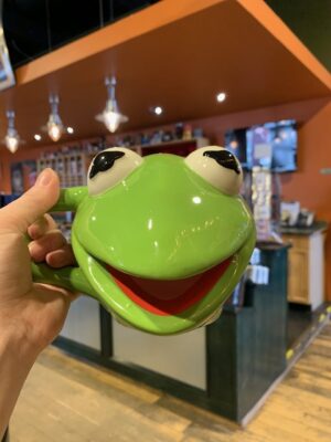 Bright green Kermit the frog head mug