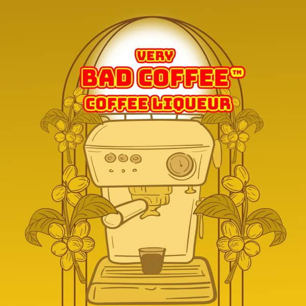 Yellow espresso maker graphic with coffee beans and Very Bad Coffee Liqueur