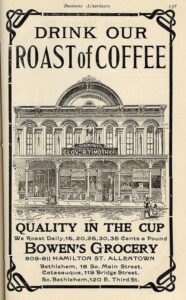 1885 black and white coffee advertisement for John Bowen Coffee company