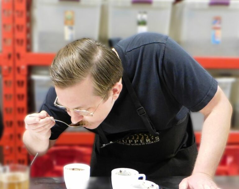 Josh testing cupping spring blend at Cupper's