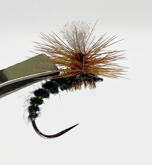 Klinkhammer Black #10 Fishing Fly being held by tweezers