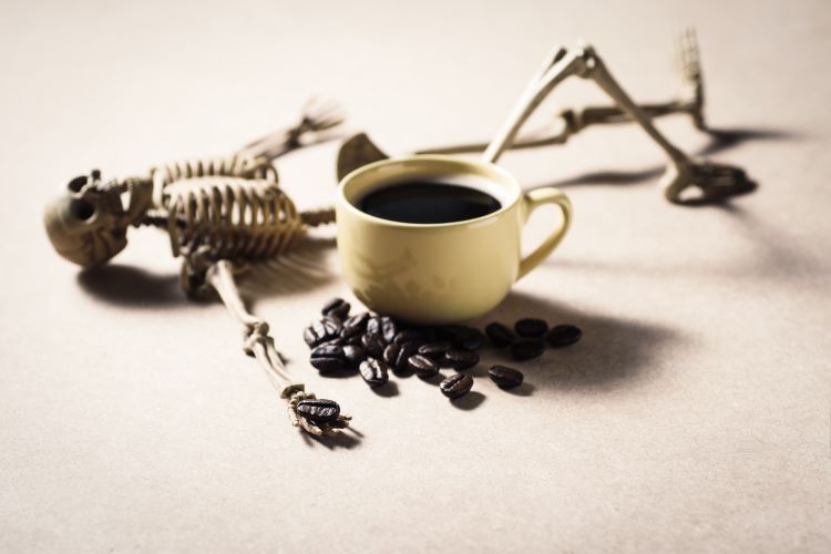 Skeleton lying behind a cup of coffee, with a bean in his hand