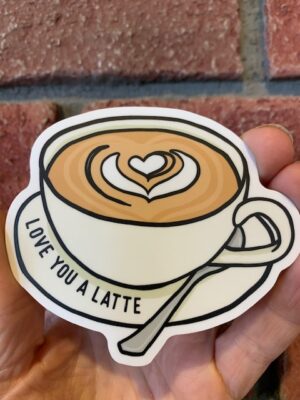 Sticker love you latte cup, saucer and spoon