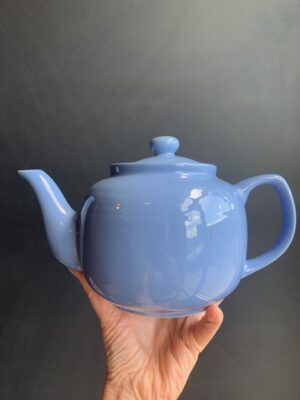 Powder Blue 6 cup Windsor Teapot being held up by a hand in front of a blackboard