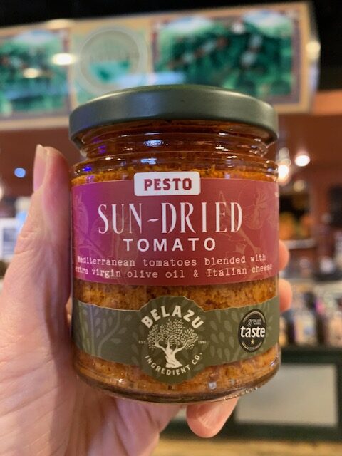 Belazu Sun-Dried Tomato Pesto held up at Cupper's.