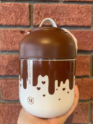 Thermal Food Jar Chocolate, 700 mL has white base with brown dribbles down the sides and little brown hearts. The lid has a plastic handle.