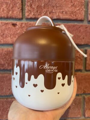 Thermal Food Jar Chocolate, 500 mL has white base with brown dribbles down the sides and little brown hearts. The lid has a plastic handle.