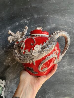 Blue Sky Clayworks Teapot Red Oriental Dragon