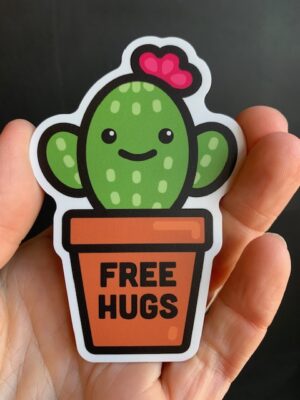 Sticker with Cute cartoon cactus with free hugs on the pot.