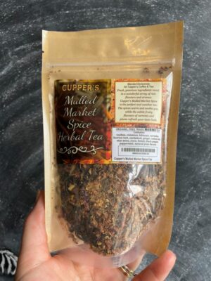 a bag of loose rishi's mulled market spice rooibos tea