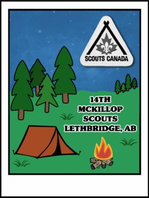 14th McKillop Scouts Lethbridge Coffee, with a tent, campfire and trees in the background