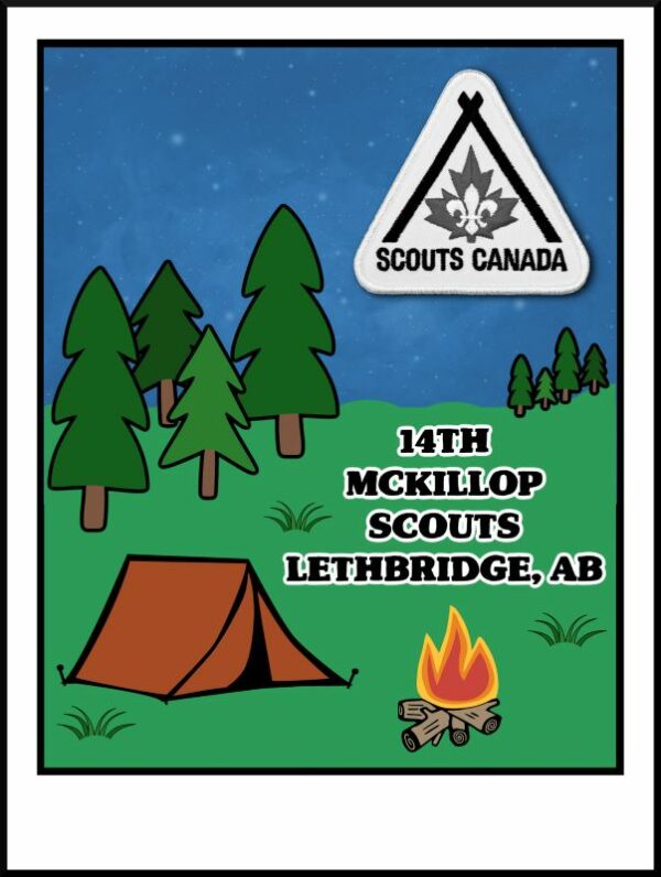 14th McKillop Scouts Lethbridge Coffee, with a tent, campfire and trees in the background