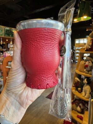 Red Leather & Glass Yerba Mate Cup with Bombilla Straw