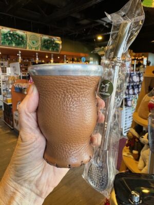Tan Leather & Glass Yerba Mate Cup with Bombilla Straw