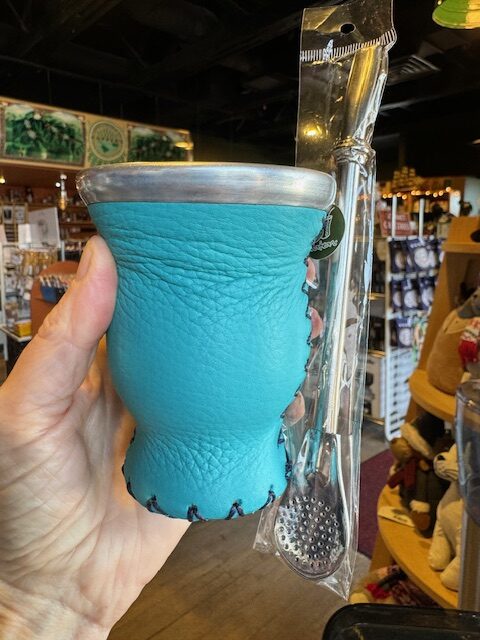 Turquoise Leather & Glass Yerba Mate Cup with Bombilla Straw