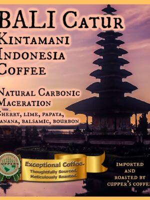 Bali Catur medium roast coffee label with a pagoda on a pink background