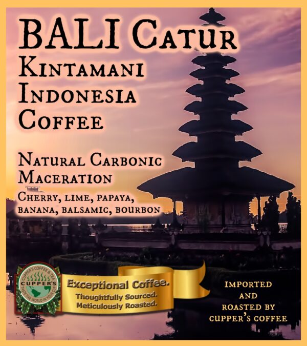 Bali Catur medium roast coffee label with a pagoda on a pink background