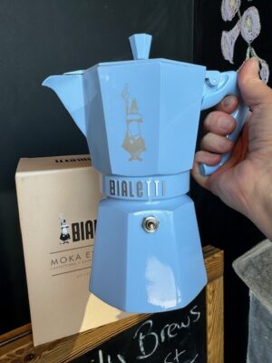 Bialetti Moka Espress 6 cup stovetop coffee brewer in blue