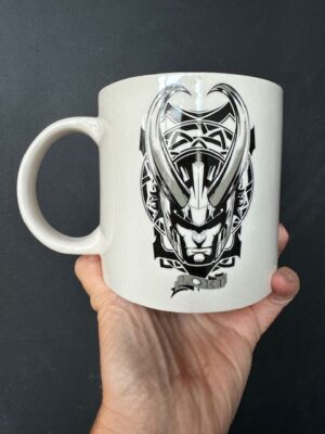 Mug in black and white with Loki in his horned helmet on both sides
