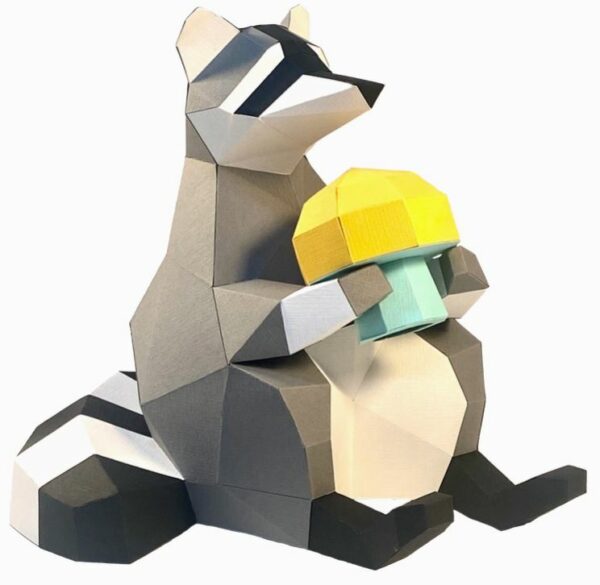 Poly Papercraft folded paper sitting raccoon holding a mushroom