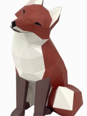 Poly Papercraft folded paper sitting red fox with head cocked to the side