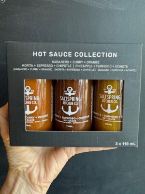 Saltspring Kitchen Hot Sauce Trio Boxed set including Habanero/Curry/Orange, Morita/Espresso/ Chipotle, Pineapple/Turmeric/Achiote