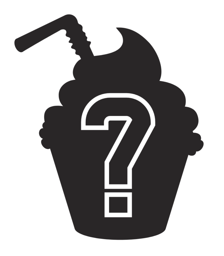 the Strudelbrand logo, featuring a cupcake and a straw in black, with a white outlined question mark
