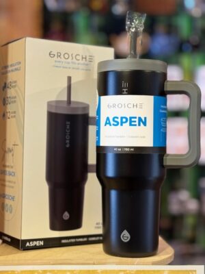 Grosche Aspen 40 ounce Graphite black travel mug with 2 straws and cleaning brush