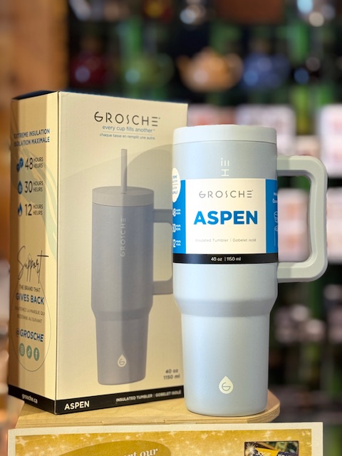 Grosche Aspen 40 ounce slate Blue travel mug with 2 straws and cleaning brush