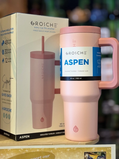 Grosche Aspen 40 ounce Peach rose pink travel mug with 2 straws and cleaning brush