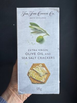 A box of Fine Cheese Co. EVOO Extra Virgin Olive Oil and Sea salt Crackers