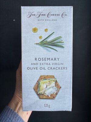 A box of Fine Cheese Co. Rosemary and EVOO Extra Virgin Olive Oil Crackers