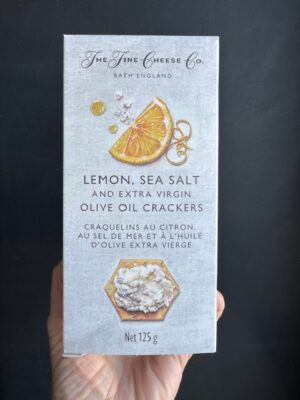 A box of Fine Cheese Co. Lemon, sea salt and EVOO Extra Virgin Olive Oil Crackers