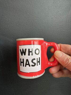 Small red espresso mug shaped like a can of who hash from the Grinch Who Stole Christmas