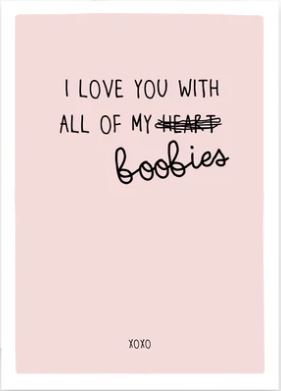 Prairie Chick Cards with pink front and text "I love you with all my heart/boobies", blank inside
