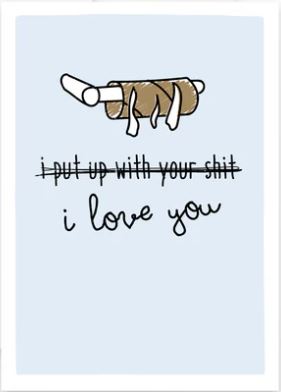 Prairie Chick Cards with blue front, an empty toilet paper roll, and text "I put up with your shit" crossed off, and "I love you" over it, blank inside