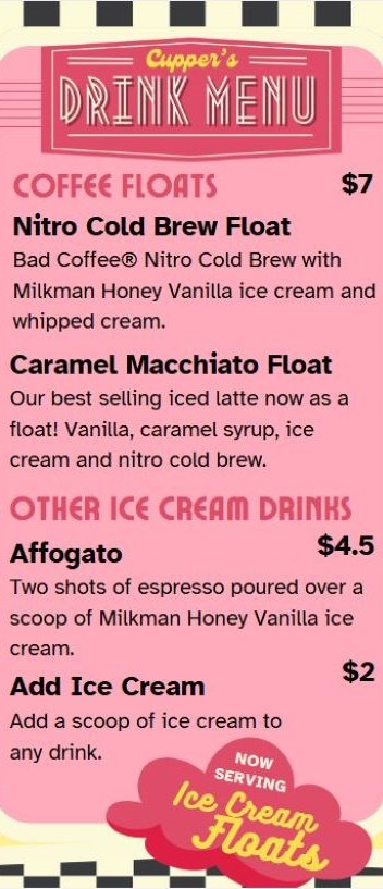 Cupper's Coffee ice cream float summer menu featuring our other floats