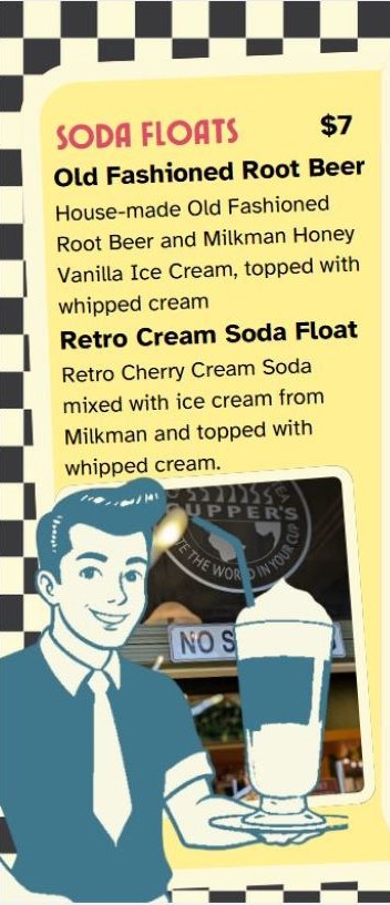 Cupper's Coffee ice cream float summer menu featuring our ice cream soda floats