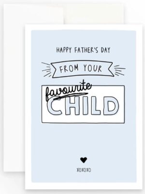 Prairie Chick Card with blue background and text "Happy Father's Day from your Favourite child." the word favourite looks like it's been added by hand.