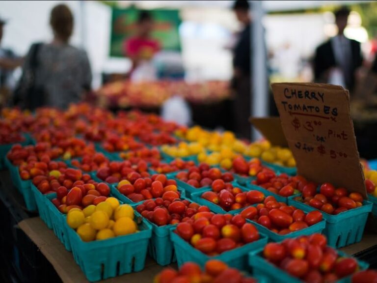 green paper baskets of cherry tomatoes at a farmer's market