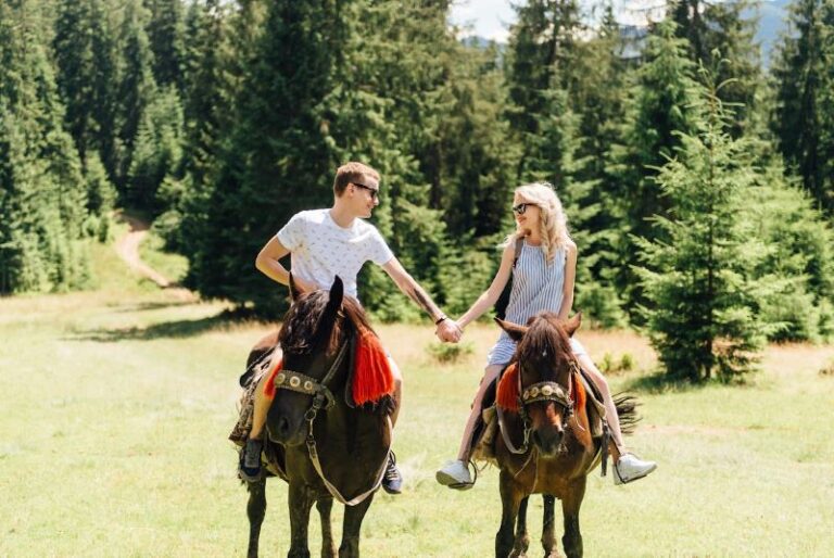 Two riders holding hands while on horseback, against a backdrop of evergreens and mountains