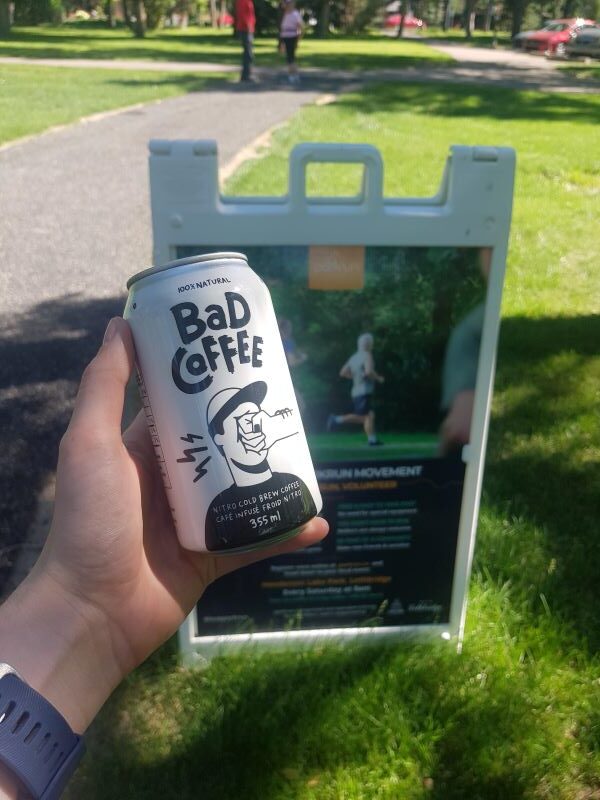 The Lethbridge Park Run sign with a Bad Coffee can