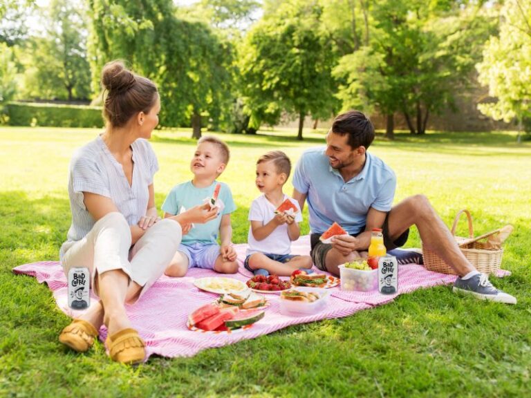 a family with mom, dad, and two kids picnic in the park