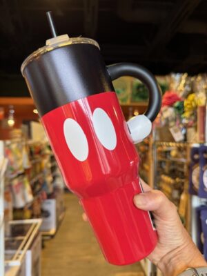 Disney Mickey Mouse 40oz travel mug with black top, red bottom with white buttons