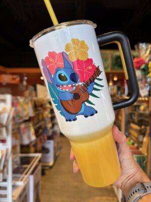 Lilo & Stitch 40oz Travel Mug with Stitch playing a ukulele