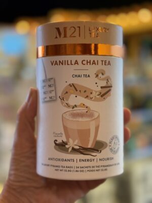 M21 Vanilla Chai tea in a white & brown paper tin