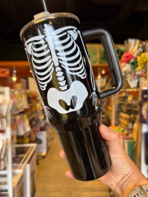 Skeleton 40oz travel mug with white bones on black background