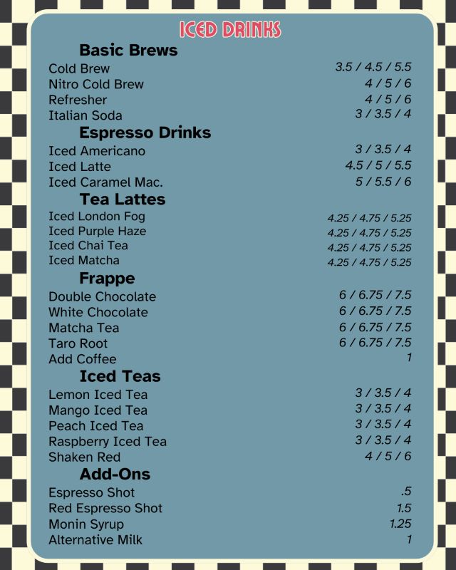 Cupper's Drink Menu with Cold Drinks