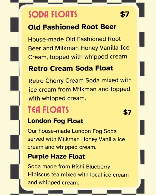 Cupper's Drink Menu with Soda Floats and tea floats